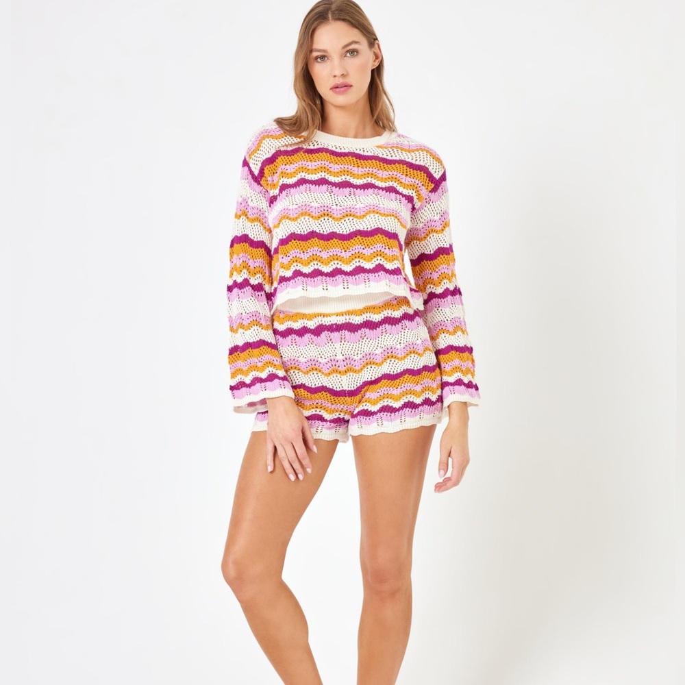 L*Space X Revolve Sun Ray Crochet Sweater & Short Set Size Small Women's